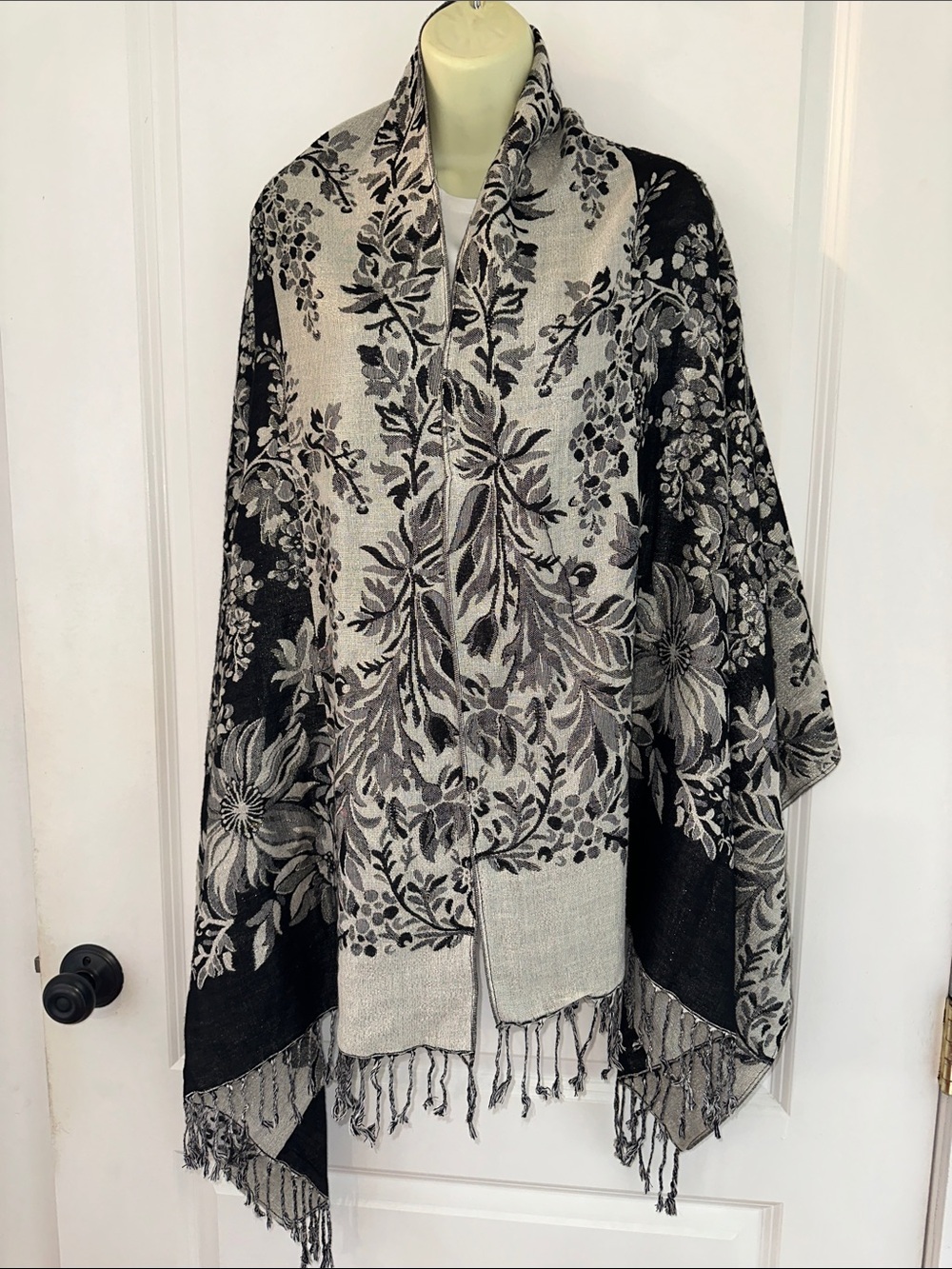 Black & Gray Floral Jacquard Fringe Wrap or Shawl with Silver Metallic Threads